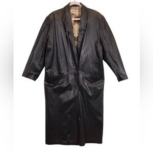 90s Vintage Womens Leather Trench Coat Size L Double Breasted Long Overcoat Punk